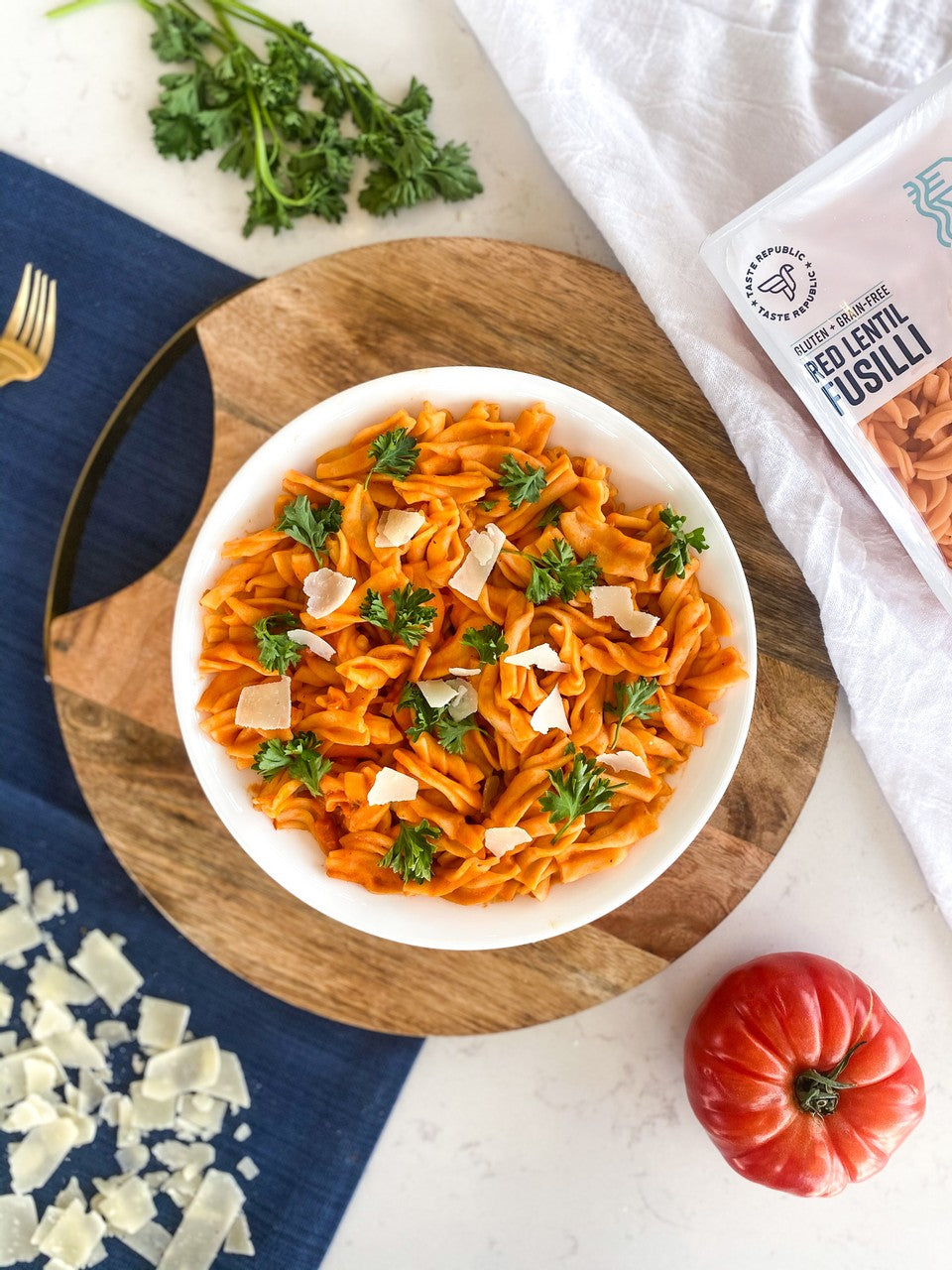 Tomato Cream Sauce with Red Lentil Fusilli