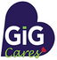 GiG Cares logo on a plain white background, featuring a stylized dark purple heart shape with the words 'GiG Cares' in white, green, and red.