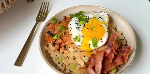 Miso Butter Noodles with Bacon, Kimchi & Eggs