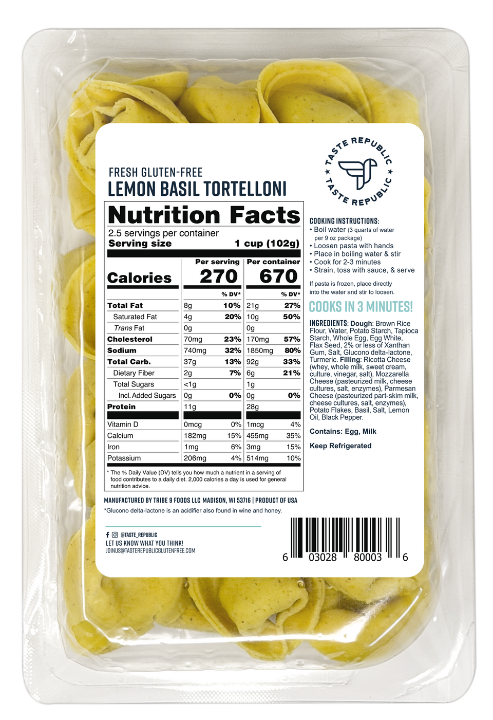 LIMITED TIME - Fresh Gluten-Free Lemon Basil Tortelloni (6-Pack)
