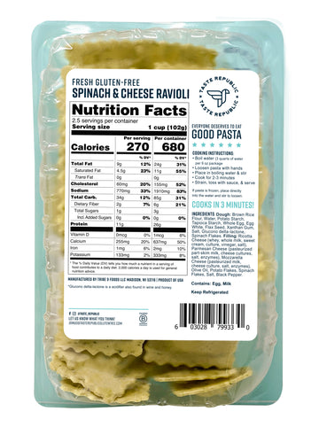 Fresh Gluten-Free Spinach Cheese Ravioli (6-Pack)