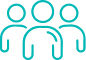 Simple teal outline icon of  three human silhouettes standing together.