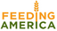 The logo for Feeding America, featuring the words 'FEEDING AMERICA' in orange and green text with a wheat stalk icon above, set against a solid white background.