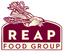 The REAP Food Group logo, featuring a maroon and cream color scheme with an illustration of leafy greens and a hand holding a bagel, on a plain white background.