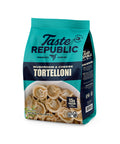 A 16 oz bag of Taste Republic Mushroom & Cheese Tortelloni pasta, featuring a teal and navy blue design with a photo of the pasta on a white background.