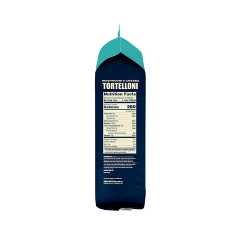 Side view of a bag of Taste Republic Mushroom & Cheese Tortelloni. The packaging shows the nutrition facts panel and ingredient list.