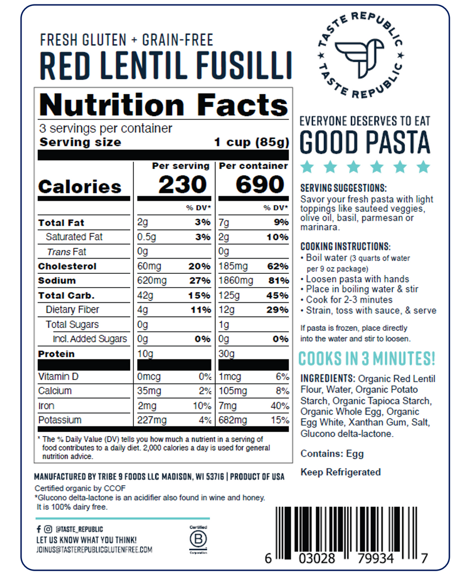 Fresh Gluten + Grain-Free Red Lentil Fusilli - Organic  (6-Pack)