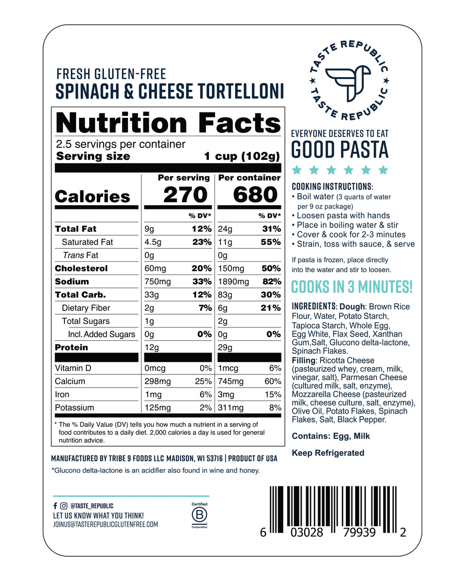 Fresh Gluten-Free Spinach & Cheese Tortelloni (6-Pack)